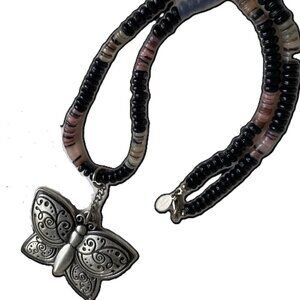 Vintage Butterfly Fashion Pendant Multicolor Semi Gemstone Beaded Necklace 18"